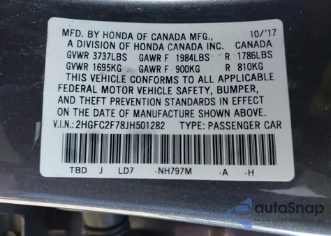 2018 Honda Civic Ex from USA, damaged, VIN 2HGFC2F78JH501282